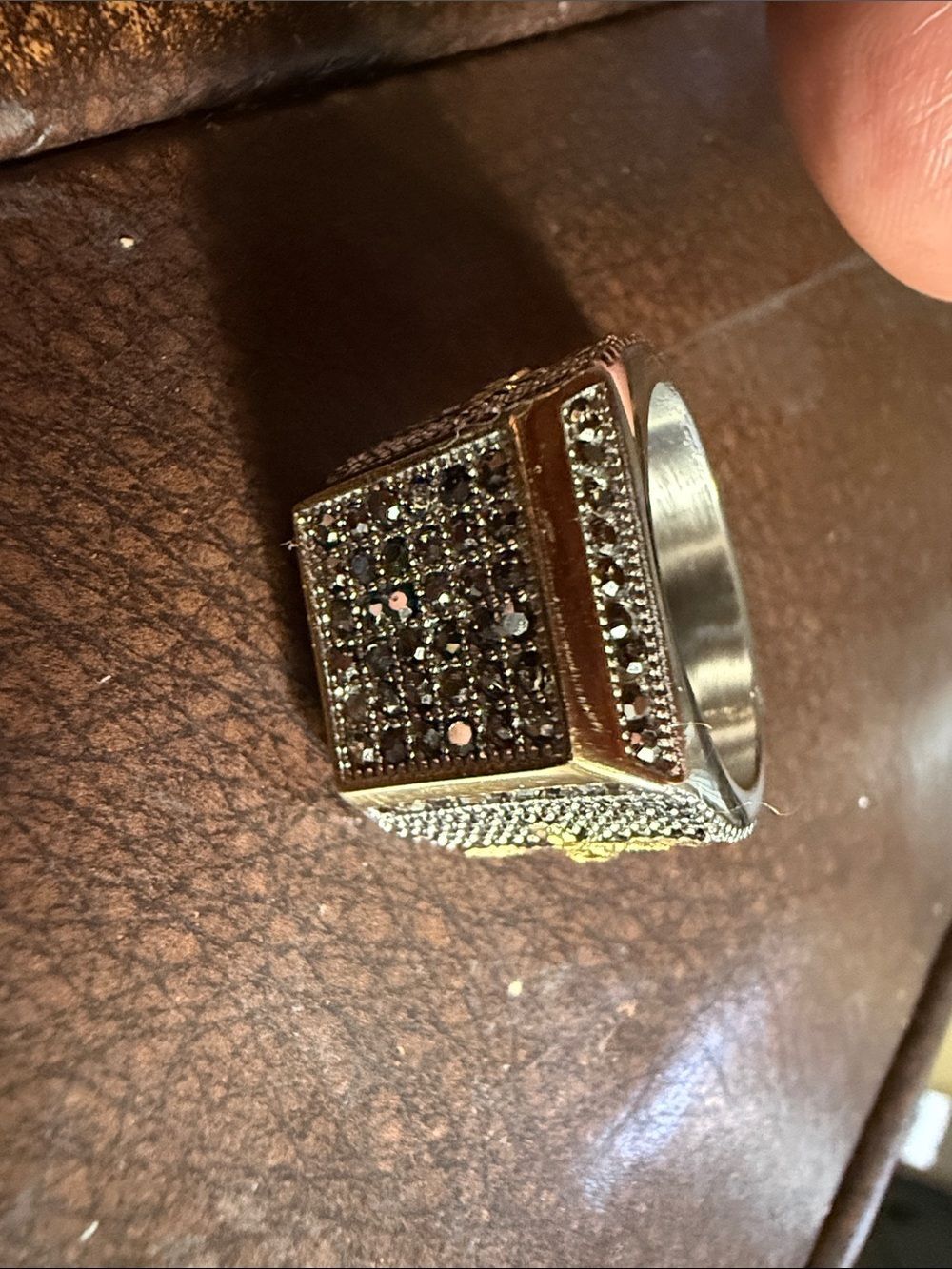 Men's Black Crystal Square Cluster Ring in Stainless Steel & Gold-Tone Ion-Plate